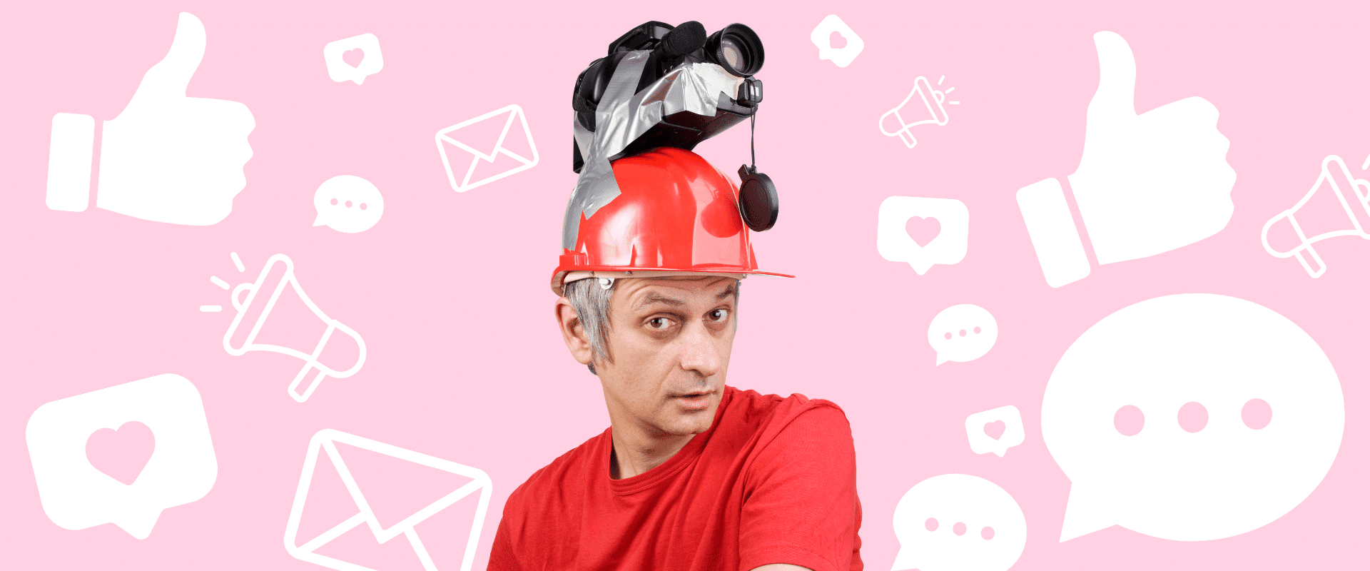 A man with a hat on his head with social icons on it.