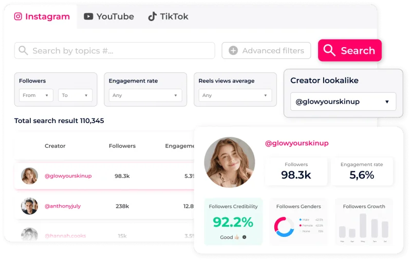 Click Analytic creator search with filters for followers, engagement and audience