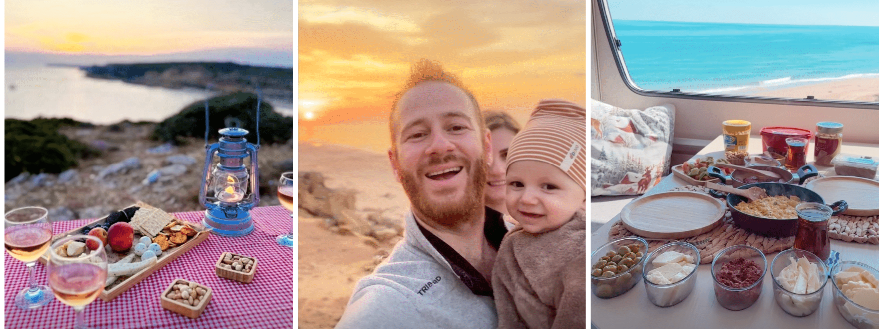 Four pictures of food and a baby on a boat.