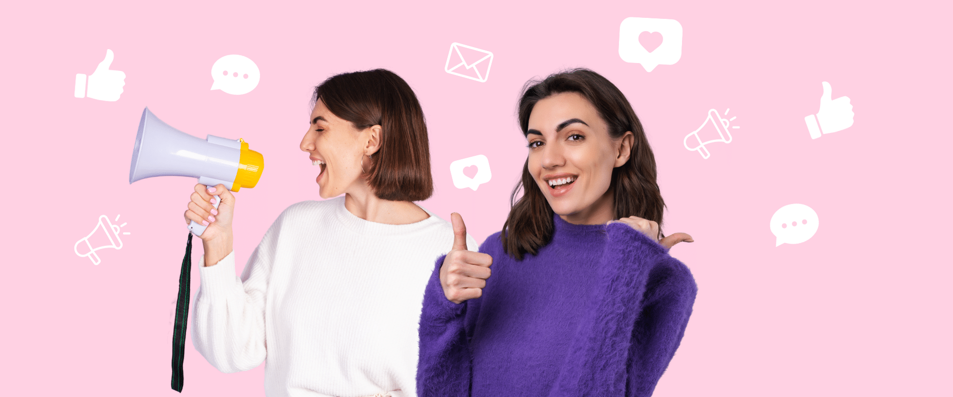 Two KOL* women holding a megaphone in front of a pink background with social icons.</p>
<p>*KOL stands for "Key Opinion Leader