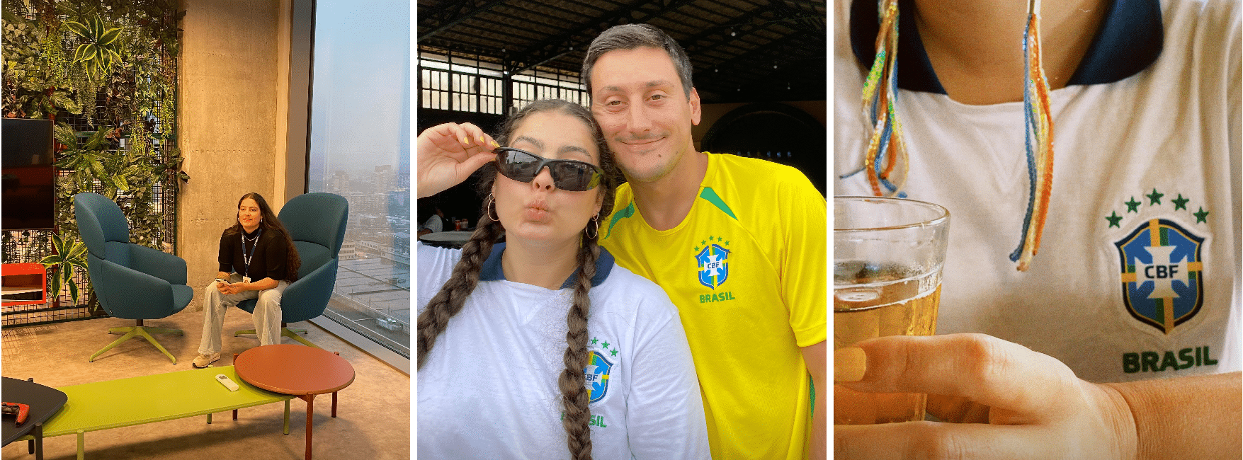 A group of people are posing for a photo with a brazilian flag.