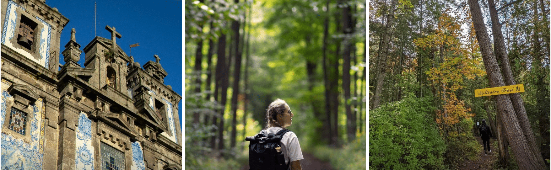 Four pictures of a man walking in the woods and a sign.