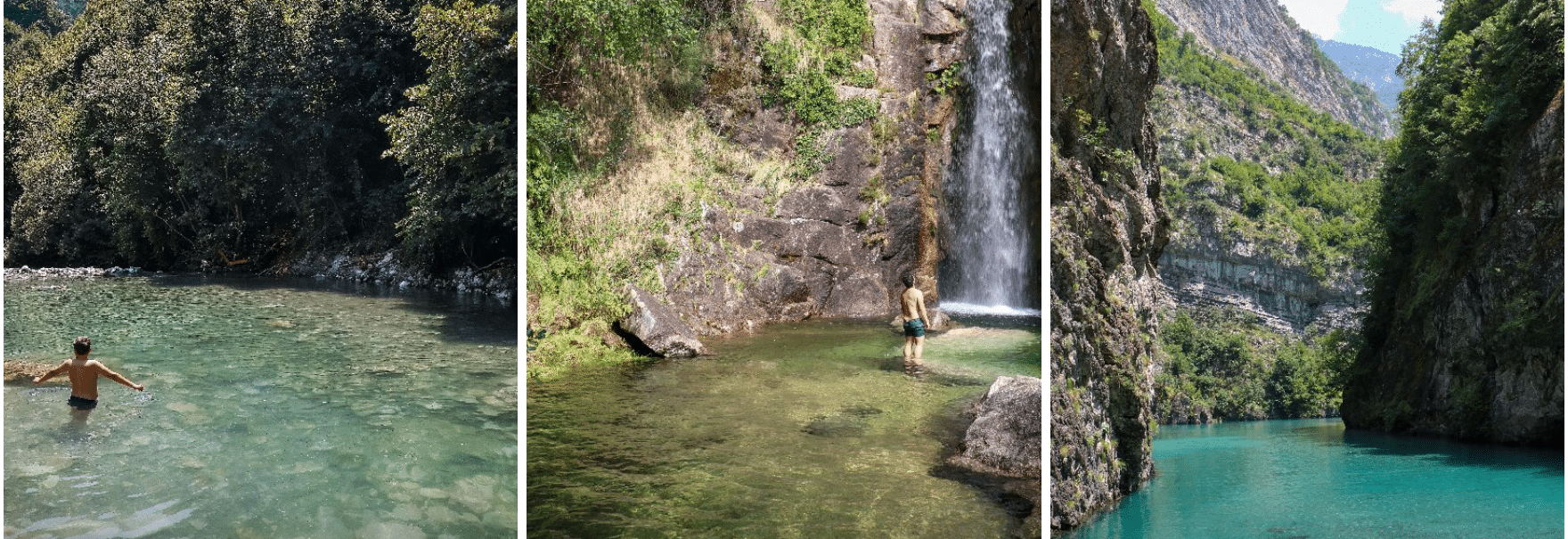 Four pictures of a man swimming in a river near a waterfall.