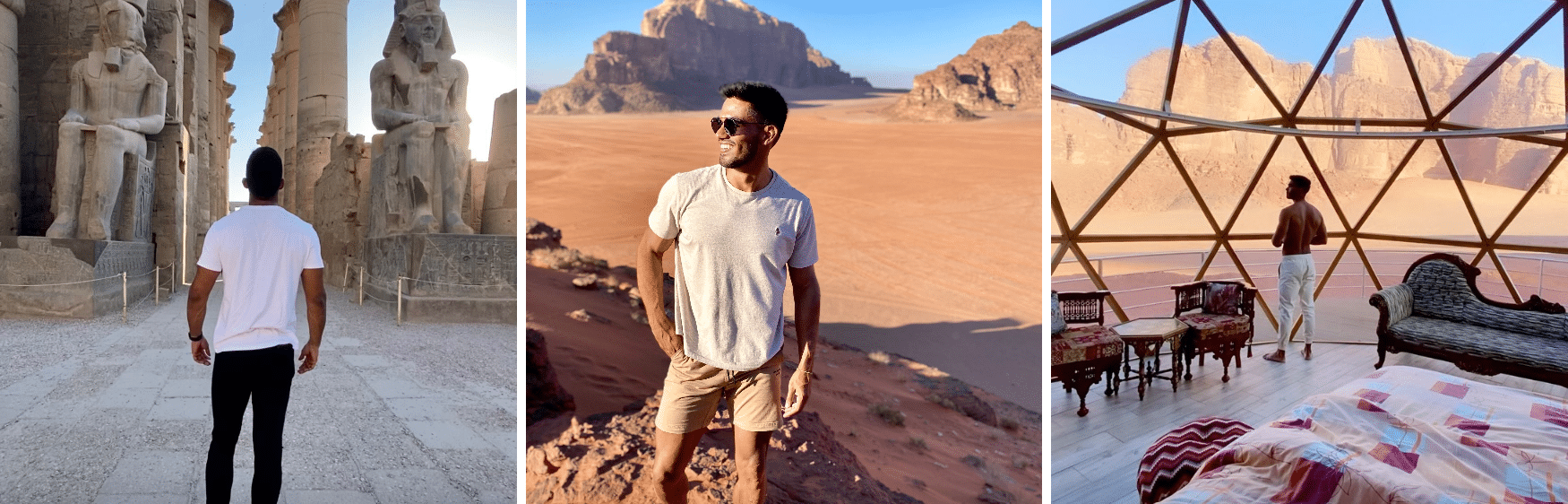 Four pictures of a man standing in front of a tent in wadi rum.