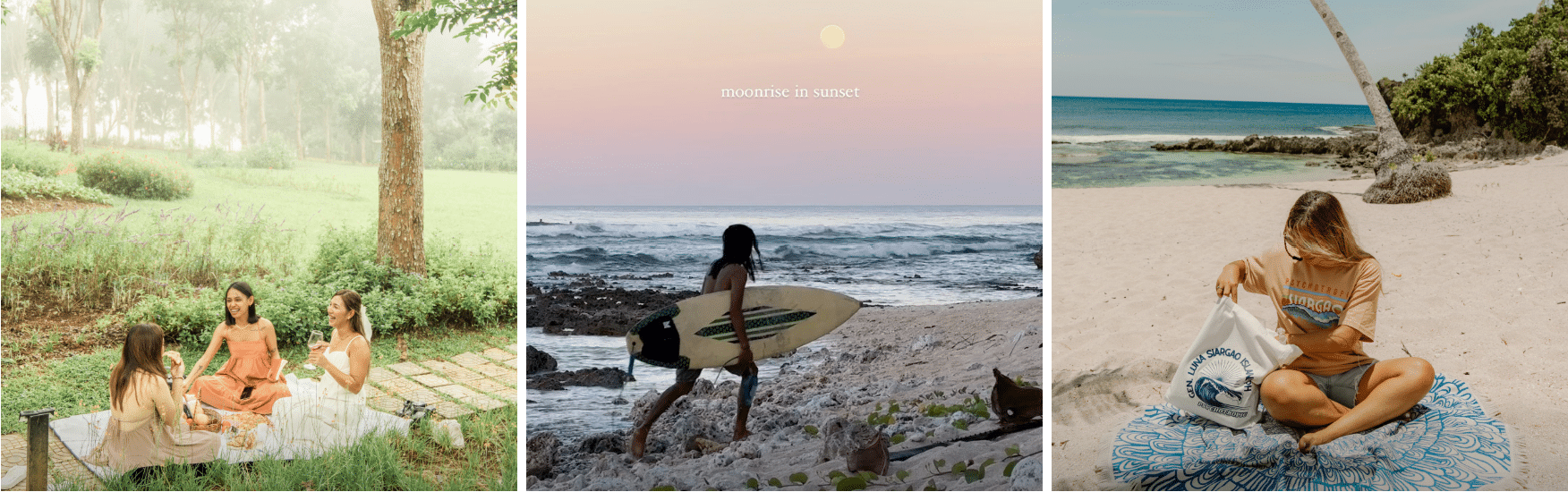 Four pictures of a woman sitting on the beach with a surfboard.