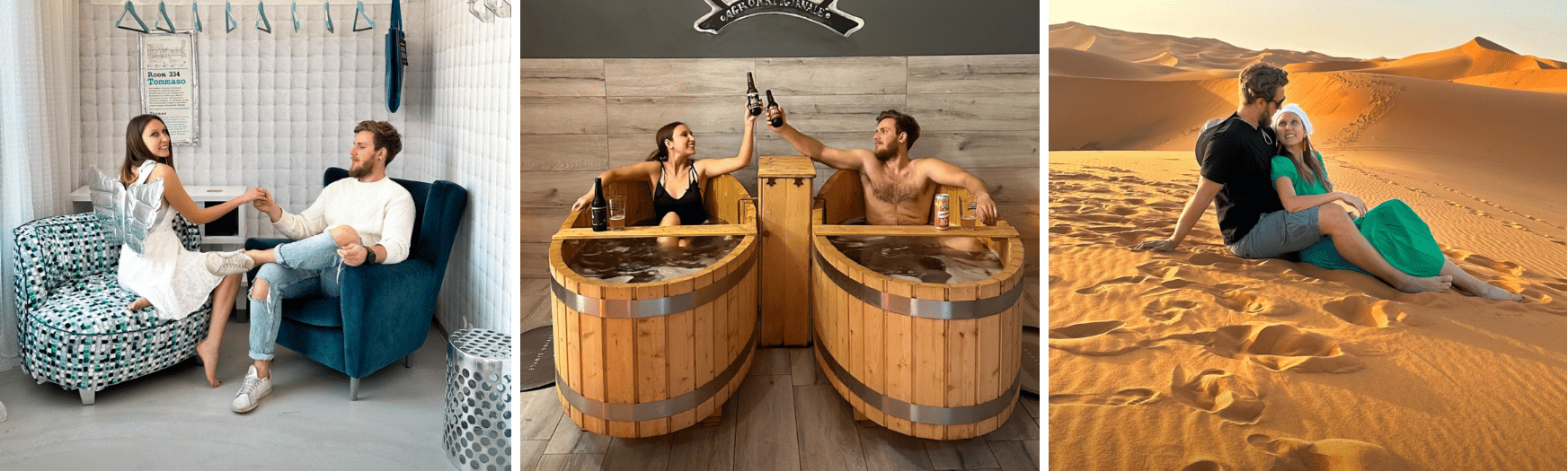 Four pictures of a man and woman sitting in a bathtub in the desert.