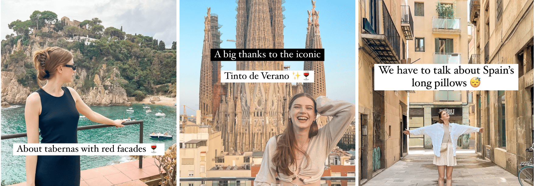 Four pictures of a woman on a balcony in barcelona.