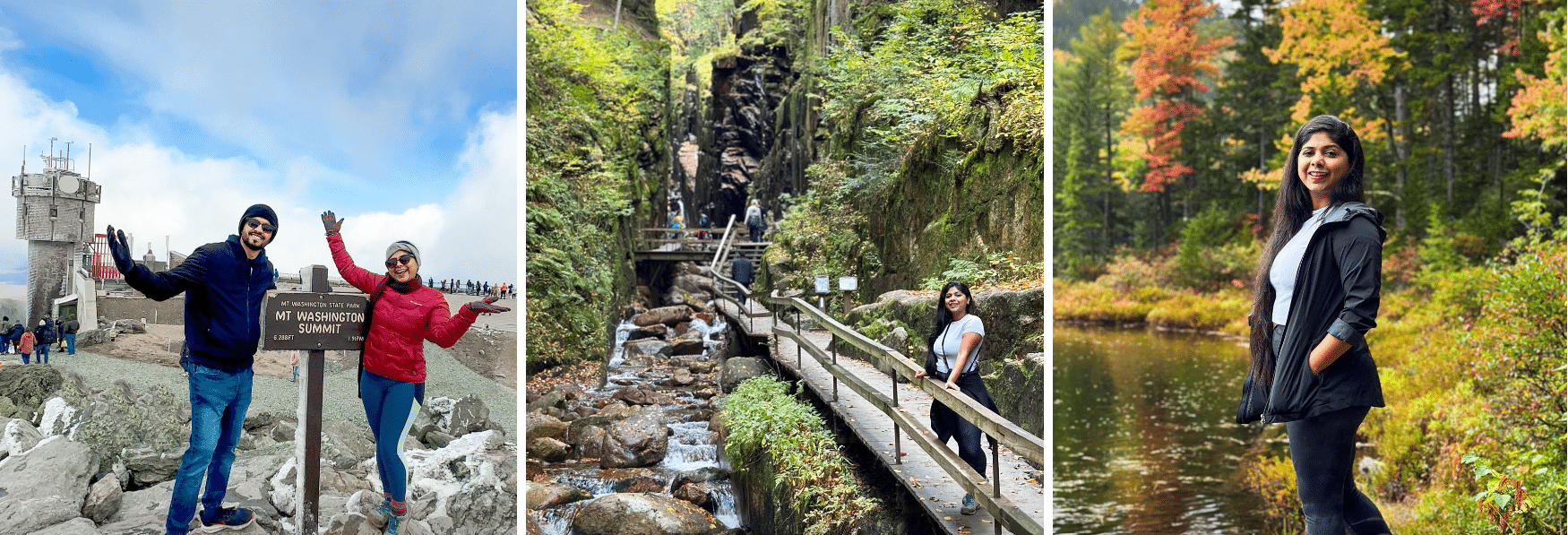 Four pictures of people posing in front of a waterfall.