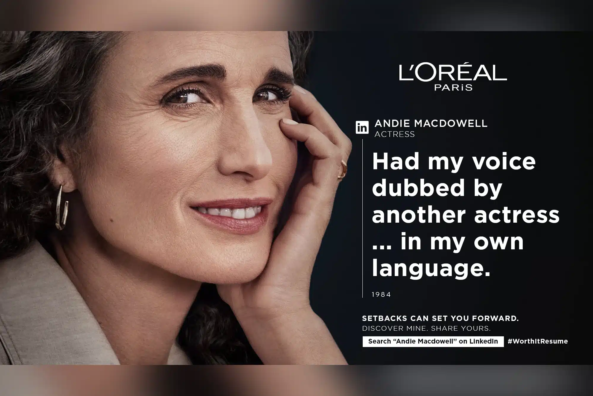 A close-up of a woman's face next to text reading: "Had my voice dubbed by another actress ... in my own language." She is promoting L'Oréal Paris with the hashtag #WorthItResume and LinkedIn search info. Inspired by Haaland's resilience, she shows her strength and confidence.