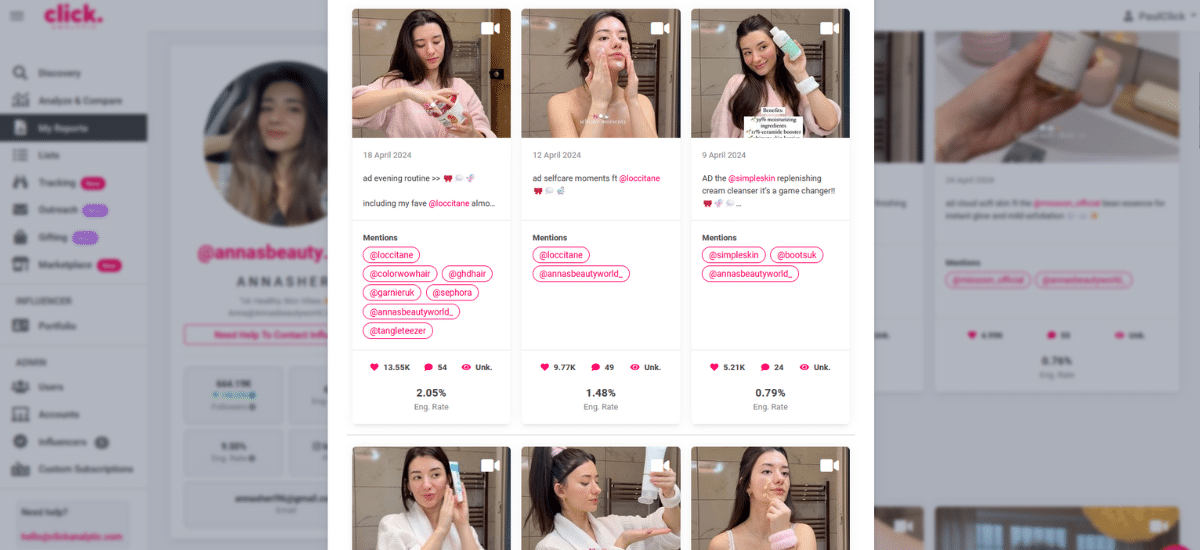 A woman is featured in multiple social media posts demonstrating beauty and skincare routines with various products. Screenshots of her posts show actions such as applying lotion and using skincare tools, reminiscent of the luxurious lifestyle often associated with the Gstaad guy.