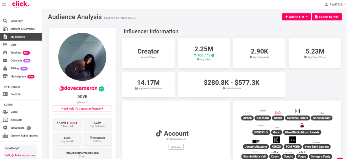 A dashboard screen displaying influencer information for the account "Dove Cameron" including metrics such as followers, likes, engagement rate, and estimated earnings.