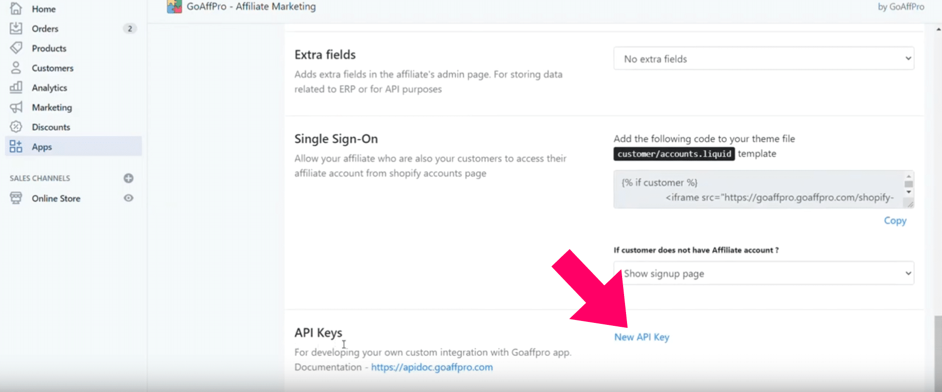 Screenshot of the GoAffPro - Affiliate Marketing app integration page, featuring options for affiliate account setup and API key access. An arrow points to the API Key section at the bottom right. Perfect for Shopify users aiming to streamline their affiliate marketing efforts.