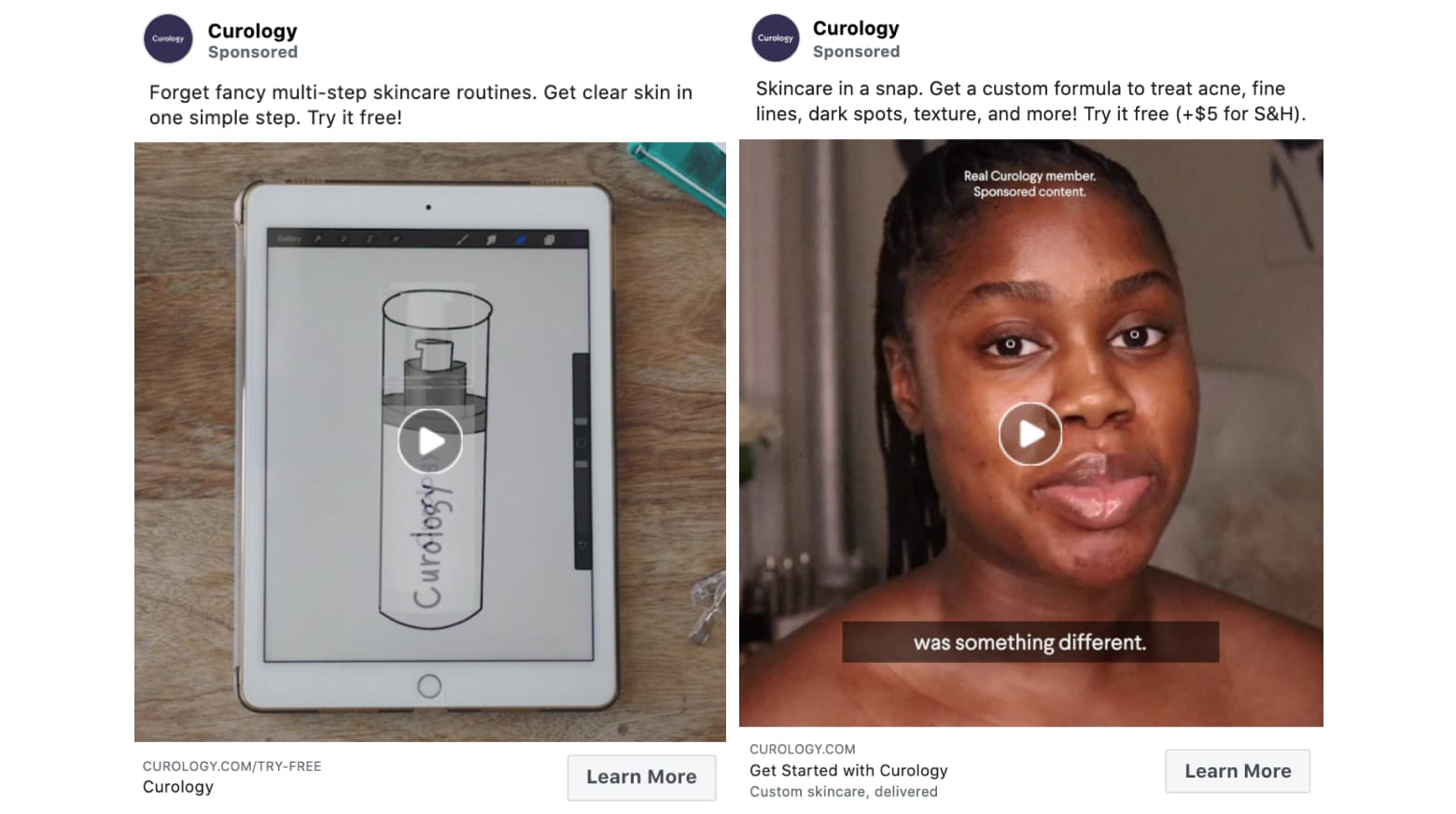 Two Curology ads. The left ad displays a custom skincare bottle on a tablet showcasing its seamless Shopify integration. The right ad features a person discussing skincare, with closed captions. Both ads offer a free trial with details and a link to learn more.