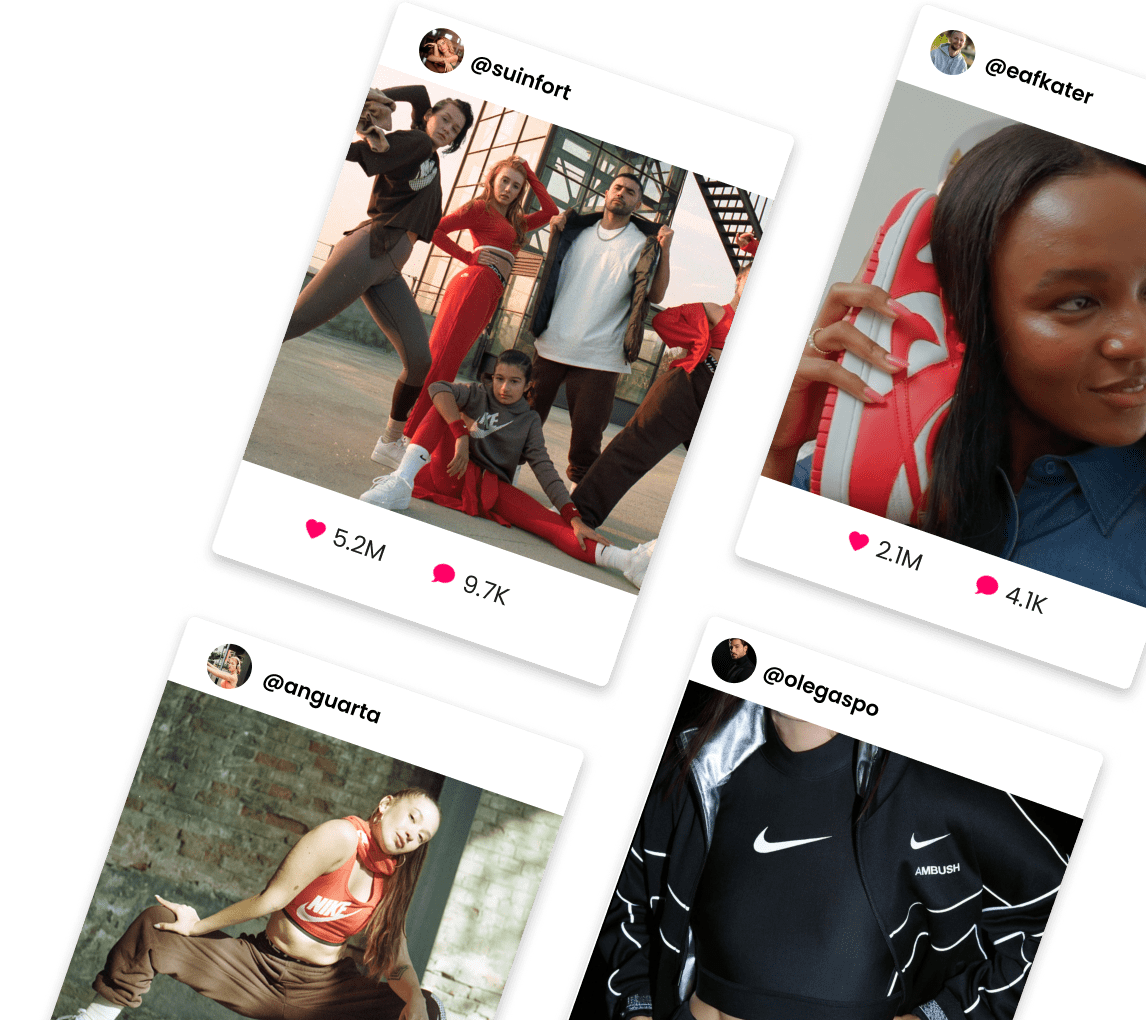 Several social media posts featuring diverse individuals modeling sportswear and casual clothing in various settings.