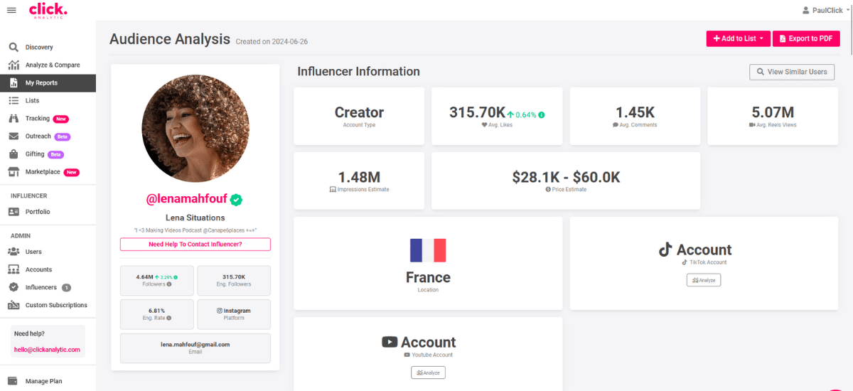 Screenshot of an audience analysis dashboard showing influencer metrics including engagement, reach, and value estimations. The influencer's profile and location in France are highlighted.