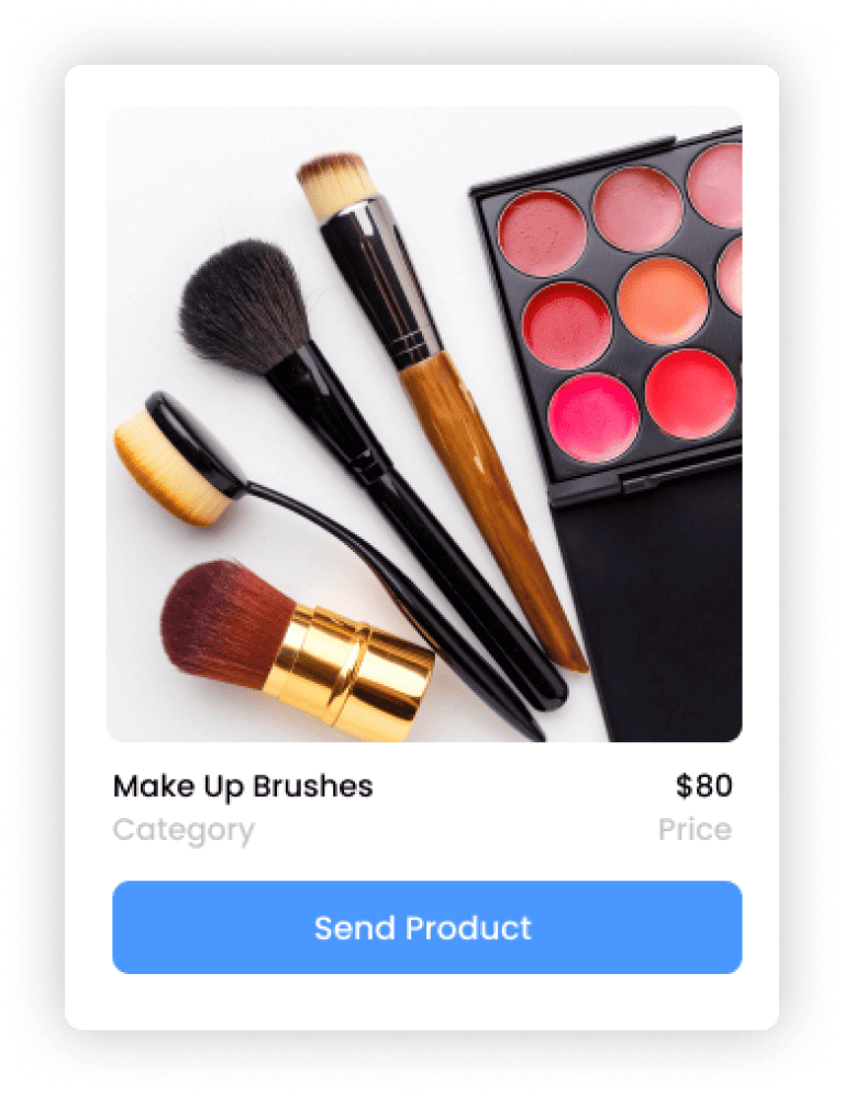 Image of a product listing for makeup brushes, including five different brushes and a palette with six red shades. The price is $80, with a "Send Product" button below.