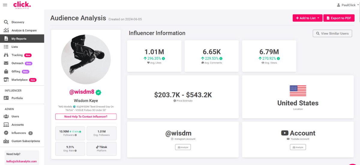 Screenshot of an audience analysis dashboard showing influencer information, featuring the Gstaad Guy, including engagement metrics like views, comments, and country of origin as the United States.