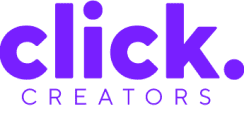 The image shows the logo for Click Creators, with "click." in bold purple text and "CREATORS" in smaller purple capital letters beneath it.
