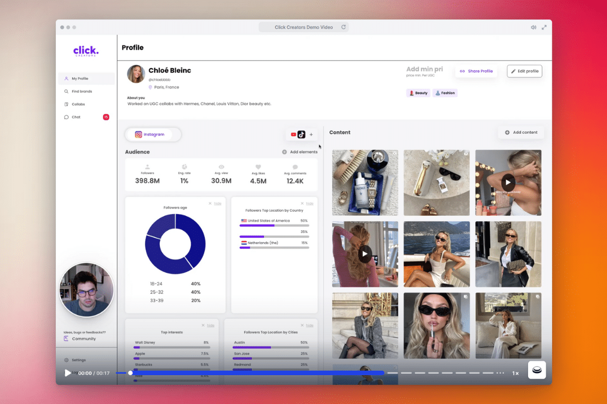 A profile dashboard displays audience demographics, engagement metrics, and a content gallery with various images and videos of a person named Chloé Blenci.