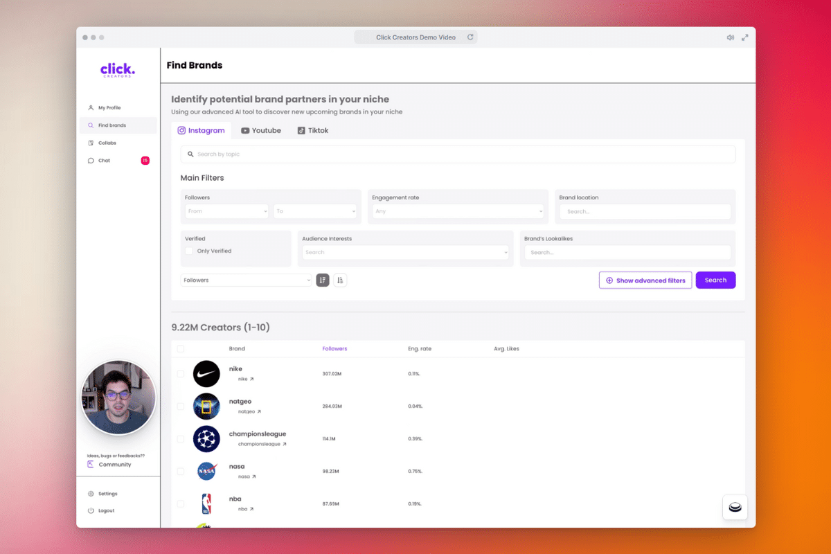 Screenshot of Click.com platform's "Find Brands" page showing filters for selecting brand partners and a list of creators with their profiles, followers count, engagement rate, and average likes.