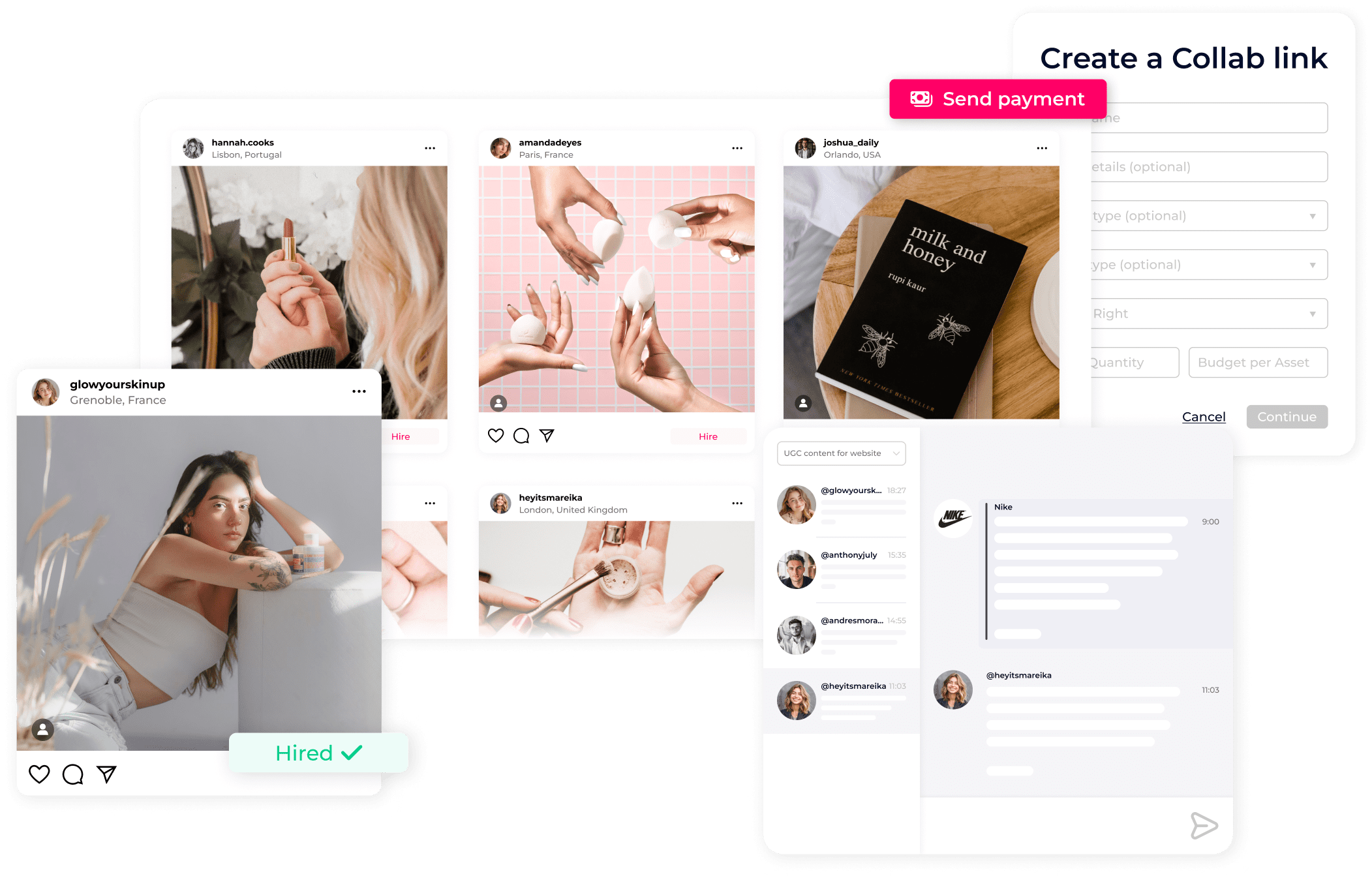 A collage of images shows social media posts featuring products and a "Create a Collab link" form with fields to fill out and a "Send payment" button. A "Hired" label overlays one of the profile pictures.