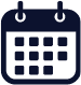 A dark blue calendar icon with a white grid representing days and two loops at the top.