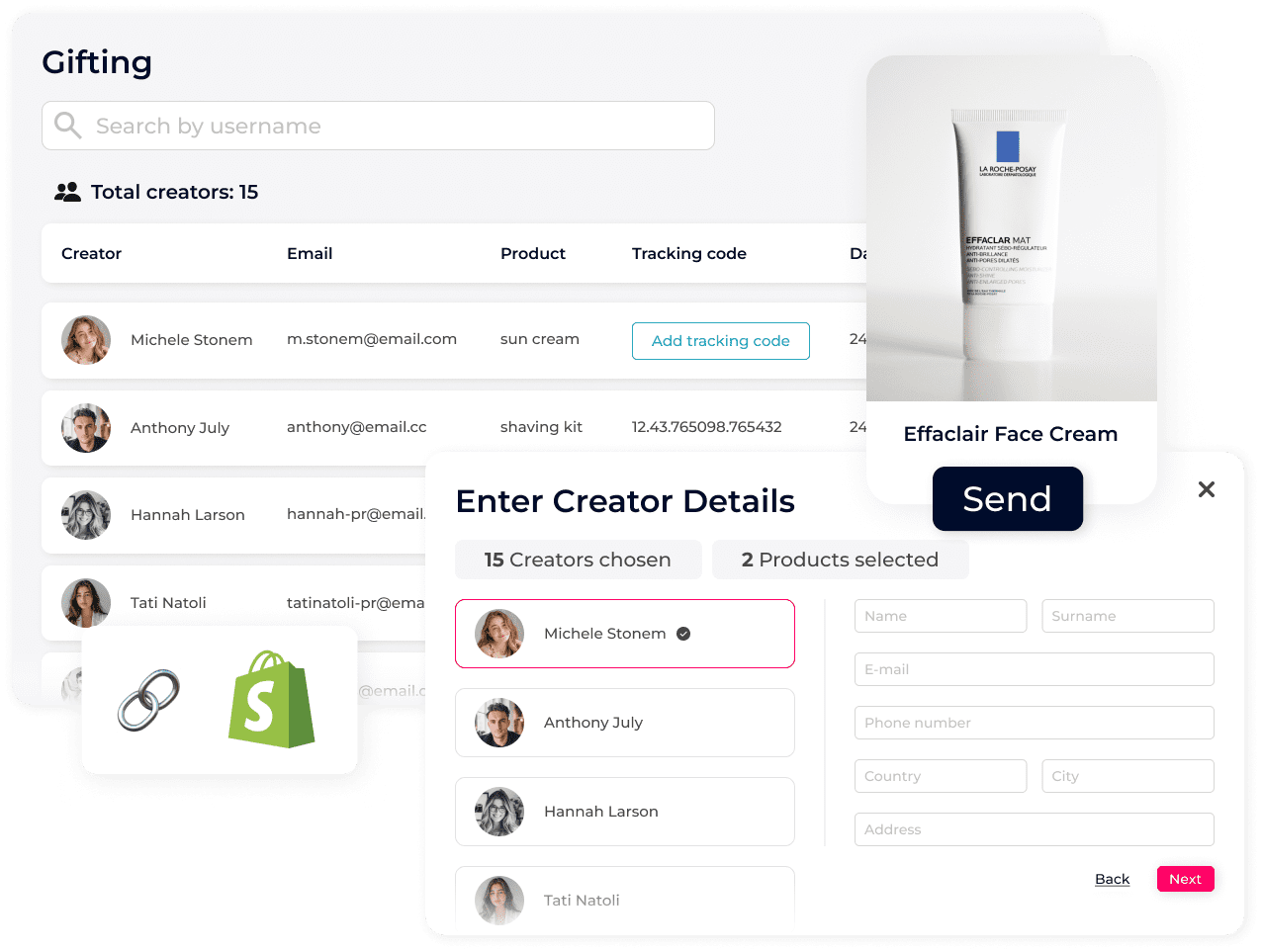 User interface screenshot showing a dashboard for managing creators and products. It includes dropdowns for selecting creators and products, fields for entering details, and a messaging feature with product images.