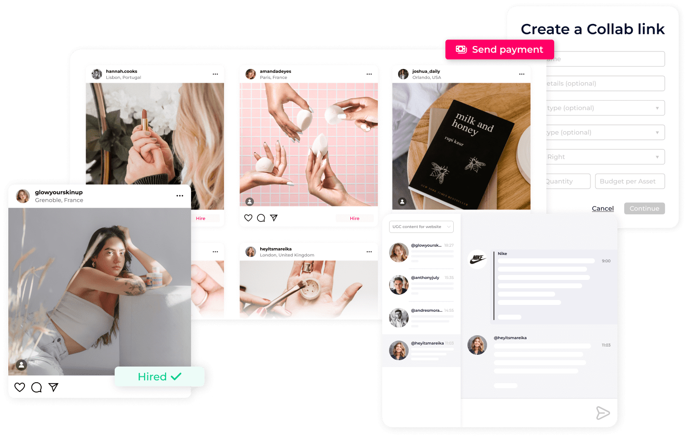 A collage of social media posts,an influencer with"Hired"text,fields for creating a collaboration link,and a"Send payment"button.