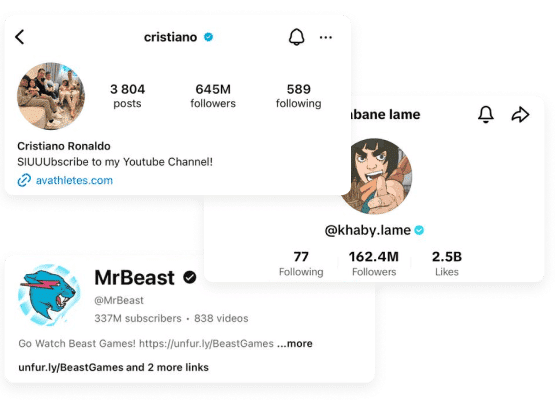 Social media profiles of Cristiano Ronaldo, Khaby Lame, and MrBeast with follower and post counts visible.