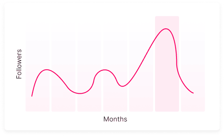 Line graph showing follower growth over months. Peaks in month 2 and month 5, with a significant increase in month 5.