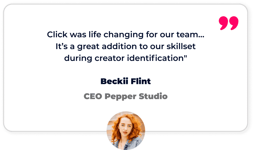 Testimonial stating the tool was life-changing for skillset, attributed to Beckii Flint, CEO of Pepper Studio. Includes a headshot of a person with reddish hair at the bottom.